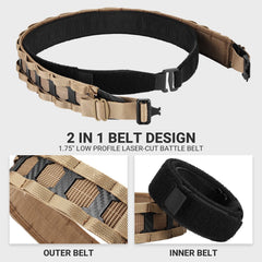 VOTAGOO Tactical Belt, 1.75'' MOLLE Battle Belt with Quick Release Buckle, Low Profile Laser-Cut Battle Belt for Range