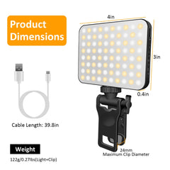 Rechargeable Selfie Light Fill Light 2000mAh Portable Clip On Light with 3 Light Modes 10 Brightness Levels for Phone Laptop Live Stream Make up Photography